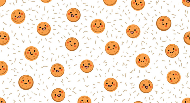 Sweet repeating pattern featuring round cookies with many different happy and silly faces on a white background.