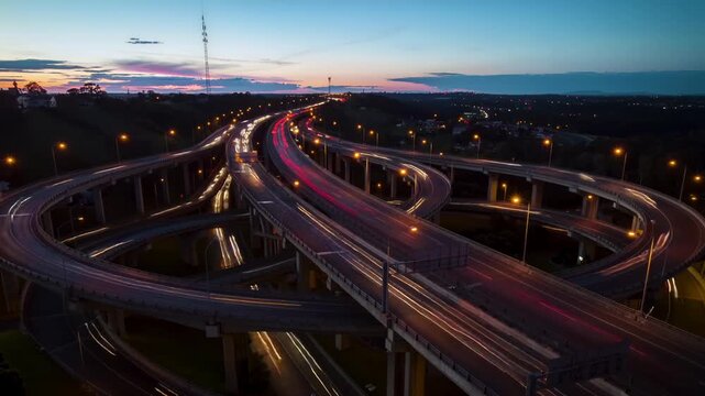 twilight cloverleaf with ramps and landscape, sunset aerial of looping ramps and scenic roadside