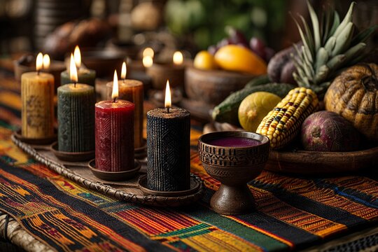 lit kinara candles with fruits on table
