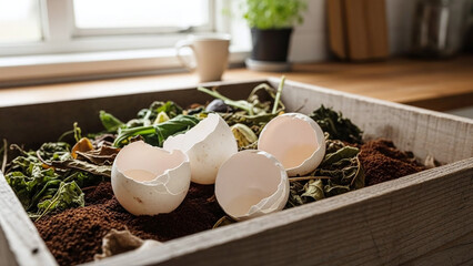 Eggshells in compost bin at home, sustainable living concept with eggshells compost and home compost bin, organic waste reuse for educational material environmental poster