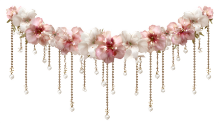 A beautiful pink flower blossom branch and shiny pearl beads create a luxury jewelry necklace isolated on a white background for a precious fashion gift