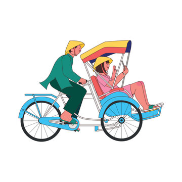 Traditional Vietnamese cyclo rickshaw featuring a driver and a female tourist taking a selfie. Modern flat vector illustration of Southeast Asian street transportation and tourism