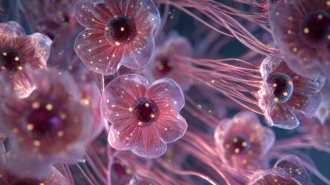 Closeup CGI of respiratory tract cells with motionless cilia affected by toxin molecules demonstrating pathophysiology of whooping cough.