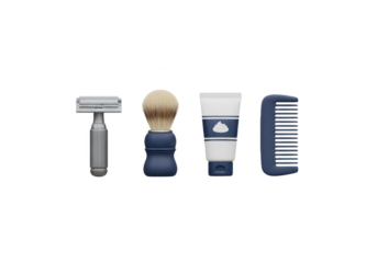 Men’s Grooming Kit with Razor, Shaving Brush, Cream and Comb Isolated on White Background