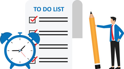 To do list and task management or completion tracking or reminder to finish assignment, work planning or schedule concept,businessman with pencil and to do list clipboard with alarm clock.
