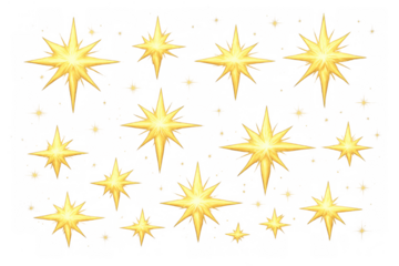 Golden glowing stars with sparkling light effects creating a magical and festive atmosphere, transparent background