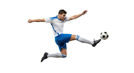 Fototapeta premium Professional Soccer Player Kicking Ball in Mid-Air Action Shot