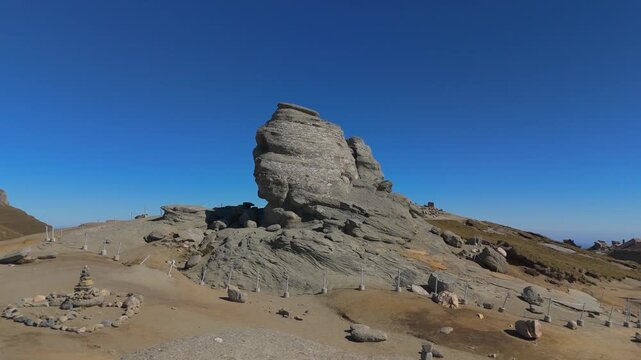 Detailed Aerial Close-Up Approaching The Sphinx Rock Formation Bucegi Romania 4K