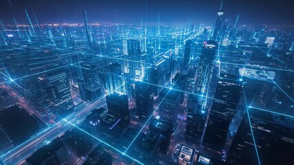 Futuristic aerial skyline with glowing network lines connecting skyscrapers across a vast digital metropolis - Powered by Adobe