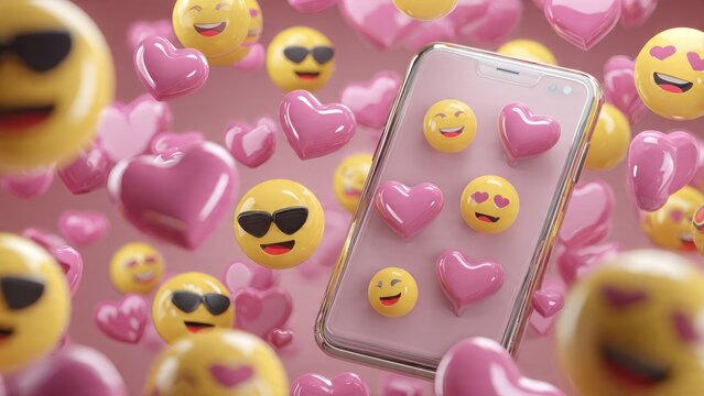 3D render of hearts and smiling emojis exploding from a smartphone screen, symbolizing social media love and digital dating messages on a pink background - Powered by Adobe