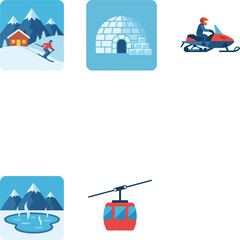 Square winter tourism icons ski resort, ice hotel, snowmobile, hot springs, cable car