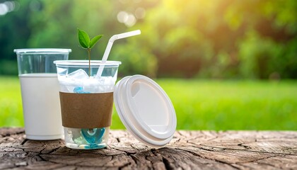 A cup with a plant growing out of ice, a straw, and a lid sits on wood with another cup next to it, against a blurred green backdrop