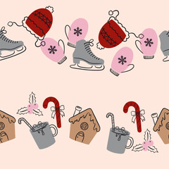 Winter Sports and Food Items Vector Seamless Horizontal Borders Set