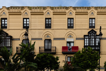 Sanlucar de Barrameda, Spain - April 17, 2025: View of the Plaza del Cabildo in Sanlucar de Barrameda, Andalusia, Spain on a sunny day of summer