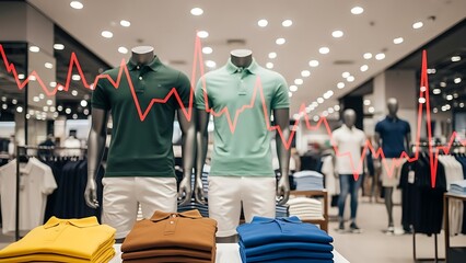 Naklejka premium Retail Sales Decline: Polo Shirts Displayed with Falling Stock Market Graph