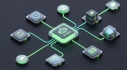 AI Agent Workflow Automation: Futuristic 3D visualization of a central Artificial Intelligence node distributing tasks (data, code, messaging, time) across a complex glowing network infrastructure.