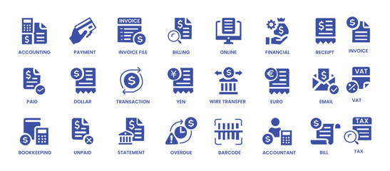 Invoice icon set. Containing receipt, bill, tax, paid, statement, accounting, transaction, barcode, financial and more. Solid vector icons collection.