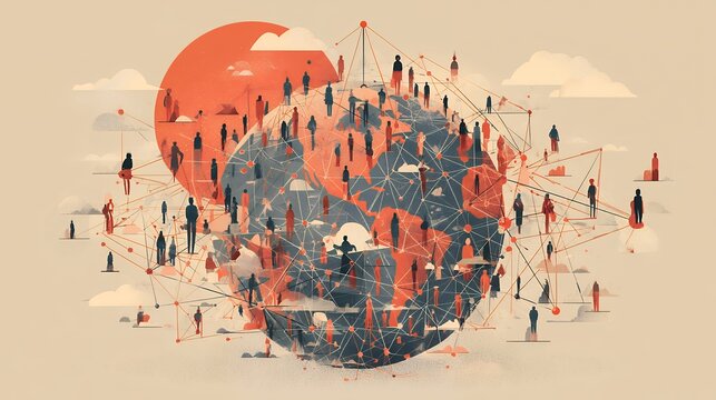 abstract network of people connecting around two globes