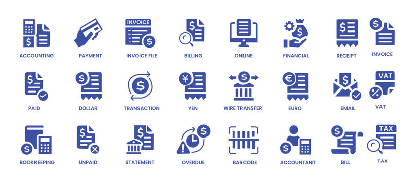 Invoice icon set. Containing receipt, bill, tax, paid, statement, accounting, transaction, barcode, financial and more. Solid vector icons collection.