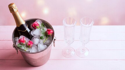 A silver bucket filled with ice and roses is on a table next to two wine glasses
