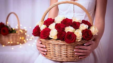 A woman is holding a basket of red and white roses. The basket is filled with a variety of roses, including some that are red and white. The woman is wearing a white dress