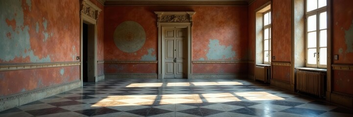 Dusty, abandoned room; checkered marble floor , interior design, ruined