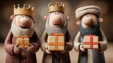Trois rois mages en figurines tenant des cadeaux dor&eacute;s avec couronnes