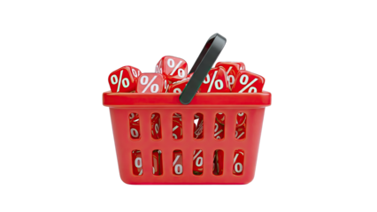Red shopping basket filled with red cubes displaying percentage signs
