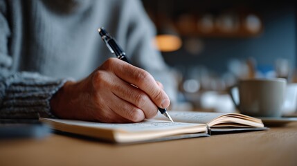 Une main &eacute;crit dans un carnet ouvert avec un stylo noir sur une table