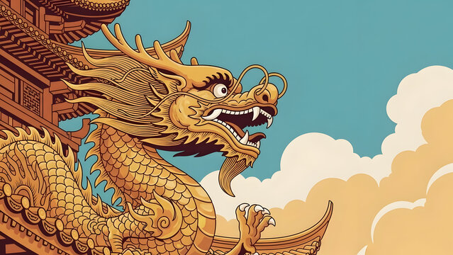 Vasuki golden oriental dragon sculpture adorning ancient Asian temple symbolizing power tradition and sacred cultural heritage