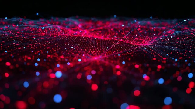 Red and blue glowing particle field forming abstract digital surface with depth and texture