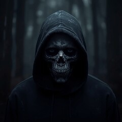 Horror Mask Hooded Figure Dark Ghostly with Dramatic Lighting and Eerie Atmosphere