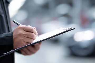 Car maintenance service concept, mechanic writing inspection checklist on clipboard inside auto repair garage