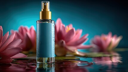 Flacon de parfum dor&eacute; sur eau avec lotus roses dans ambiance zen