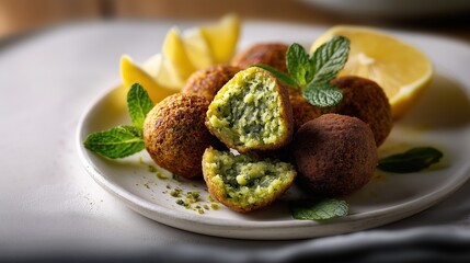 Falafels frits dor&eacute;s avec garniture verte servis sur assiette blanche