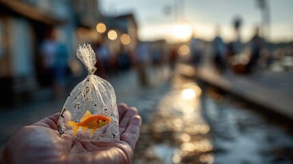 Poisson rouge dans un sac plastique tenu d&eacute;licatement dans une main
