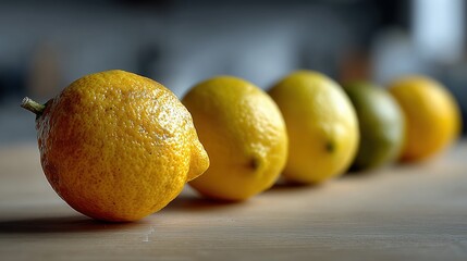 Citrons frais align&eacute;s sur une planche en bois dans une cuisine lumineuse