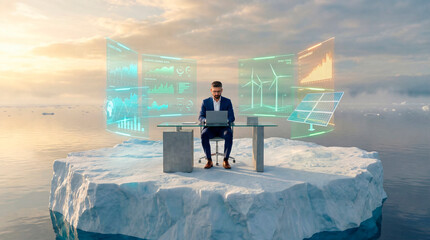 Man reviewing climate and energy data on iceberg desk