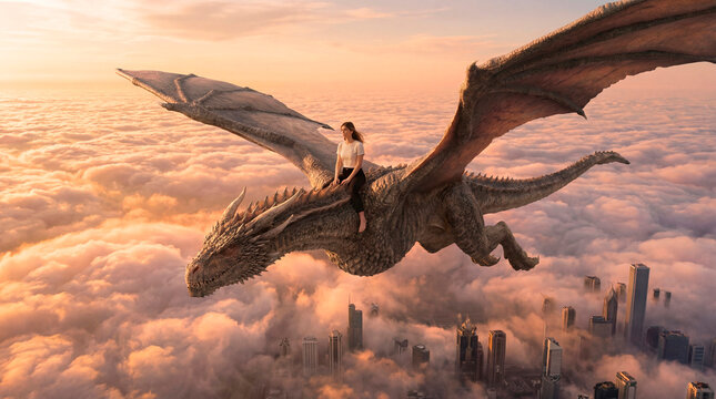 Young woman calmly riding a flying dragon above cloud covered city