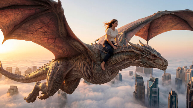 Young woman sitting on flying dragon above city at sunset