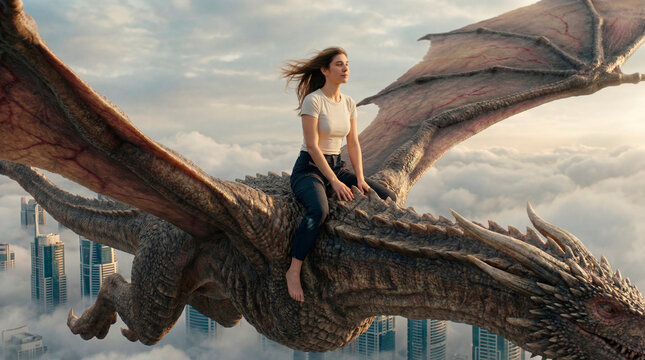 Young woman riding a flying dragon above city clouds