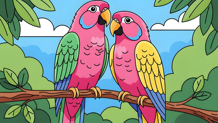 Two colorful parrot perched together on a branch, one pink and green and the other pink and yellow, vibrant tropical bird companionship scene expressing harmony and exotic beauty