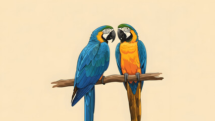 Two colorful blue and yellow macaw perched on a branch, displaying vibrant feather detail in natural wild habitat, exotic tropical wildlife scene with vivid contrast and elegant composition