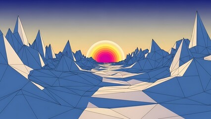 Vibrant sunset over futuristic polygonal mountain range with sharp peaks and gradient sky with landscape and digital and art and geometric and abstract