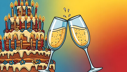 Two champagne glass toasting before a tiered celebration cake with glowing candle light, elegant festive moment symbolizing joy, romance and special occasion