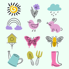 Doodle Style Spring Vector Isolated Elements Set