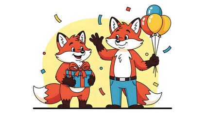 Two cartoon fox character holding birthday gift and festive balloon, cheerful animal celebration scene conveying joy, surprise and party spirit in bright playful