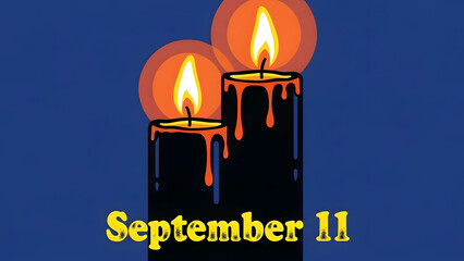 Two dark wax candle with glowing orange flame and September Eleven memorial lettering, solemn commemorative tribute expressing remembrance, honor and reflection