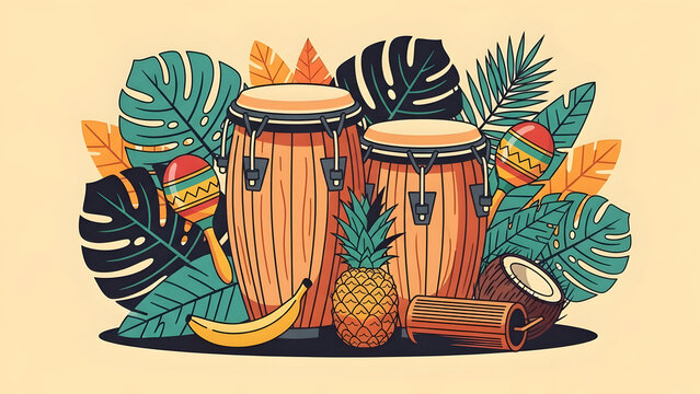 Two conga drum with tropical leaf and fruit accent, vibrant percussion music composition celebrating island rhythm and festive energy in colorful decorative
