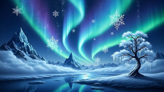 Snowy landscape with aurora borealis and tree under starry night sky with snowflakes with winter scene and northern lights and snow covered and frozen lake - Powered by Adobe